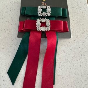 2pc Sincerely Jules Green & Red Jeweled Hair Bows on Barrettes